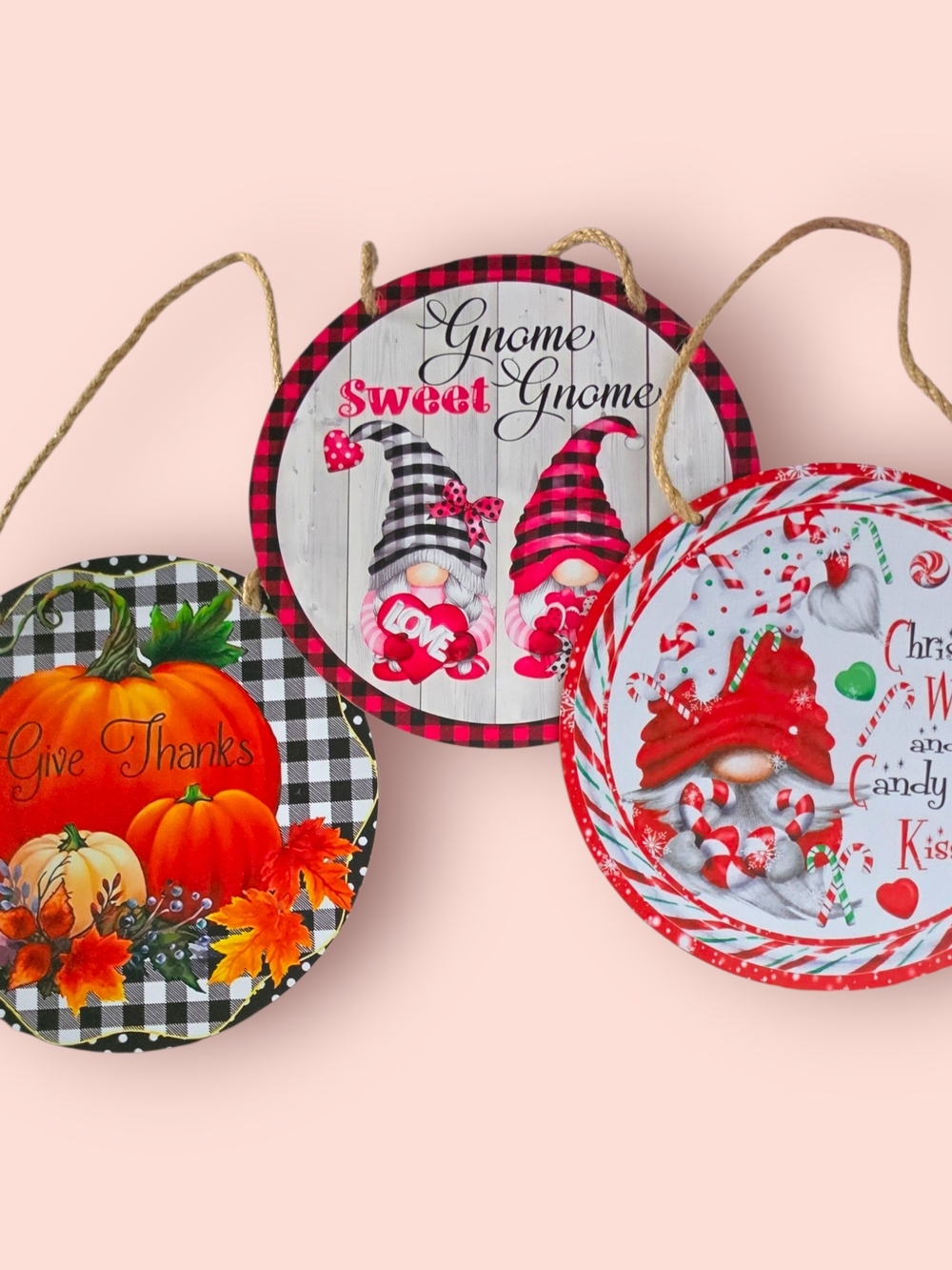 ^ Holiday Gnome Round Hanging Signs